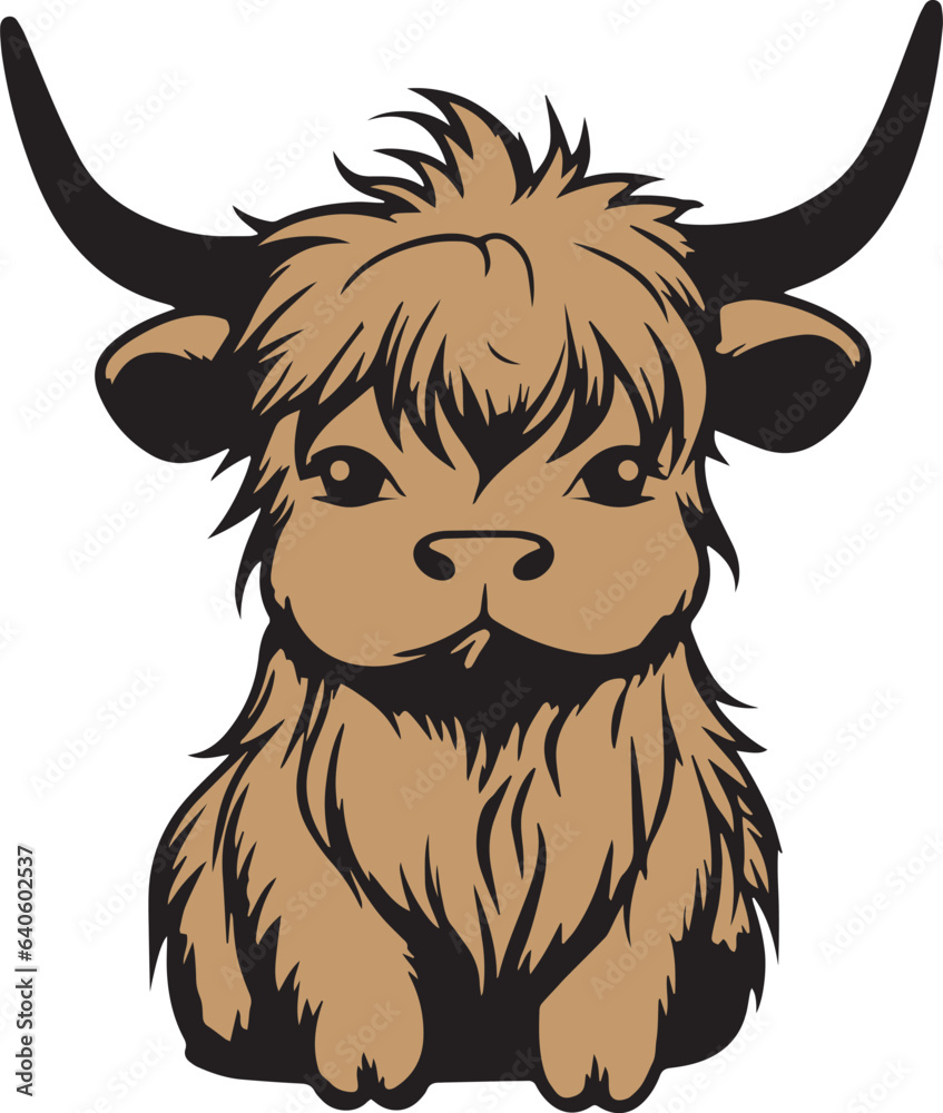 Cute Highland cow icon, Funny Highland cow, Vector Illustration, SVG