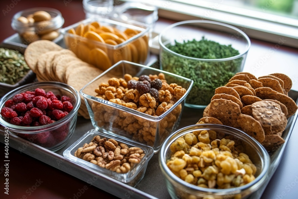 an assortment of nutritious and delicious snack options, such as roasted chickpeas, kale chips, mixed nuts, and energy balls an assortment of nutritious and delicious snack options, such as roasted chickpeas, kale chips, mixed nuts, and energy balls