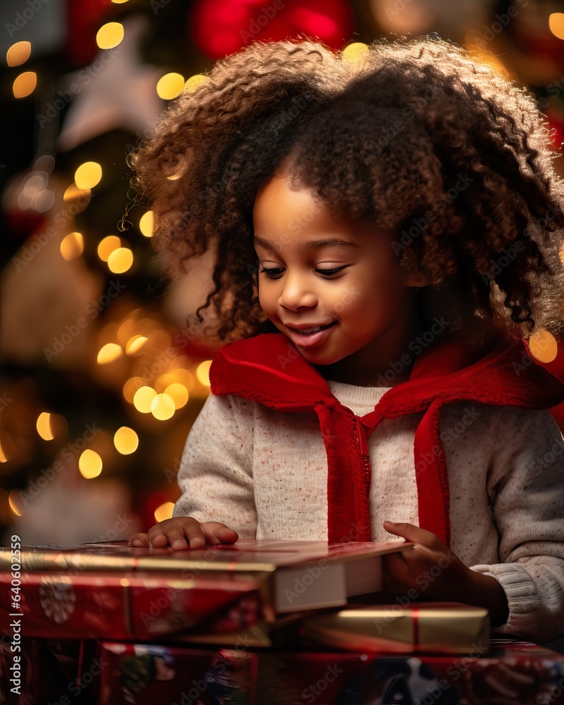 Joyful African Child Celebrating Christmas with Gifts by the Tree. Generative AI Joyful African Child Celebrating Christmas with Gifts by the Tree. Generative AI