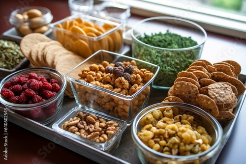 an assortment of nutritious and delicious snack options, such as roasted chickpeas, kale chips, mixed nuts, and energy balls