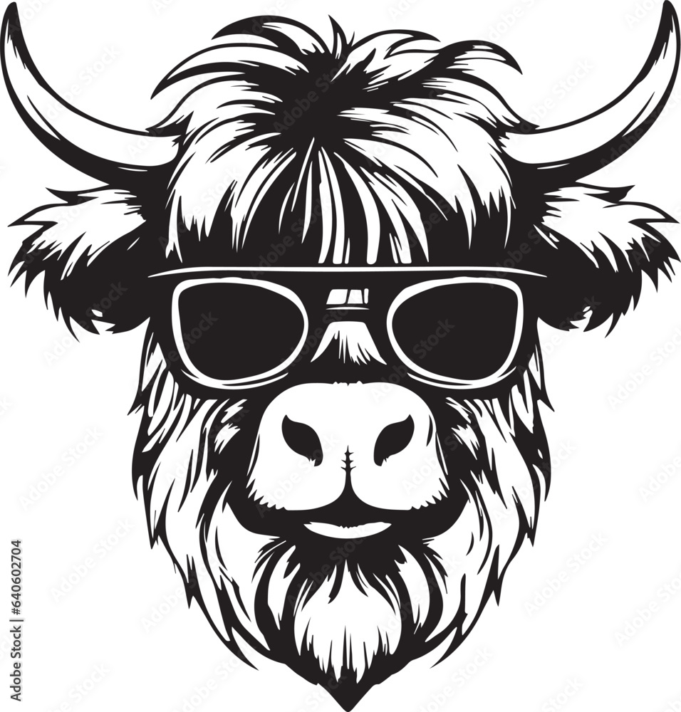 Cute Highland cow icon, Funny Highland cow in glasses, Vector Illustration, SVG