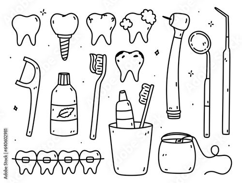 Dental care doodle set. Healthy and diseased teeth, braces, implants, toothbrushes and flossers, medical dentistry tools - drill, inspection mirror, dental probe. Vector hand-drawn illustration.