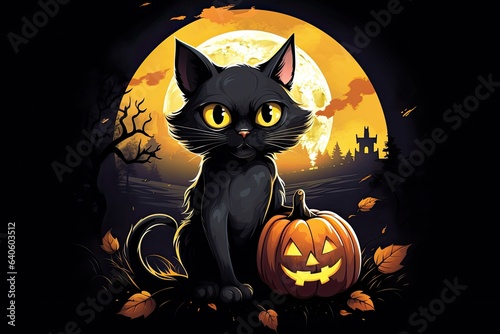 Halloween black cat sits in the moonlight with a pumpkin