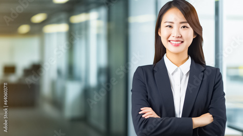 Portrait of young experienced asian businesswoman boss, female worker looking at camera with crossed arms inside office building.
