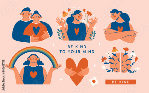 Hand drawn set of vector illustrations about mental health support with hugging people, young persons, hands, heart, rainbow, brain, flowers, labels. Modern minimal clip arts with funny characters.