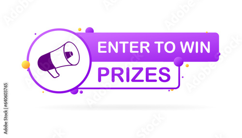 Enter to win prizes plate. Flat, purple, megaphone icon, enter to win prizes. Vector icon