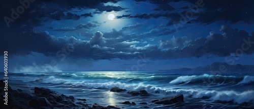 Canvas Print Silvery moonlit waves mixing with deep indigo, capturing the enchantment of a mo