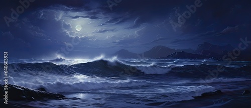 Silvery moonlit waves mixing with deep indigo  capturing the enchantment of a moonlit seascape during a tranquil night