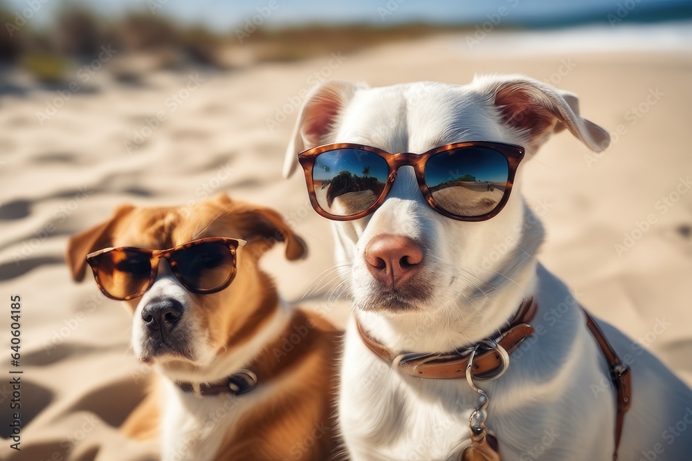 dogs wearing shirt and sunglasses on the beach