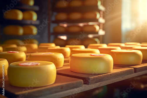 Close-up in cheese factory, cheese production, illustration. Generative AI. Cheese storage, dairy, food and meal, image