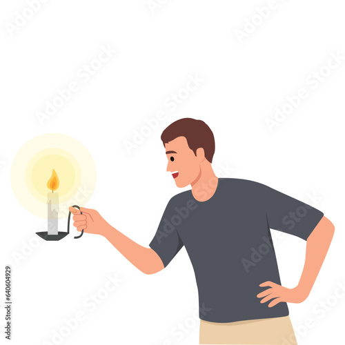 Man holding diwali candles. man holds candlestick with burning candle. Flat vector illustration isolated on white background