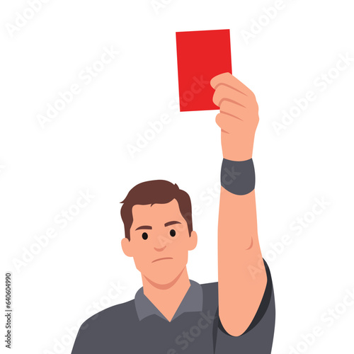 Soccer judge and football rules concept. Young man soccer judge standing and showing red card to player whistling during game. Flat vector illustration isolated on white background