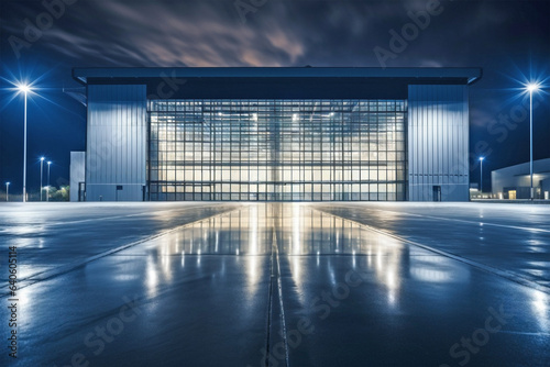 Modern big warehouse building facility exterior with windows at night