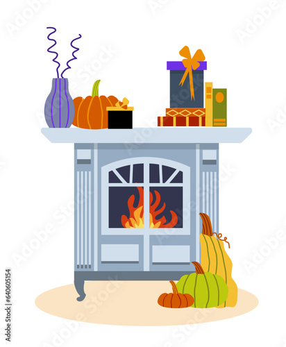 Сozy fireplace is decorated for Halloween. Vector illustration in a flat style. Layout of a vertical holiday card.