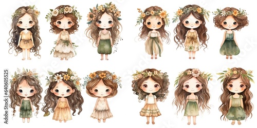 watercolor style illustration of cute fairy girl wearing flower crown collection set, Generative Ai