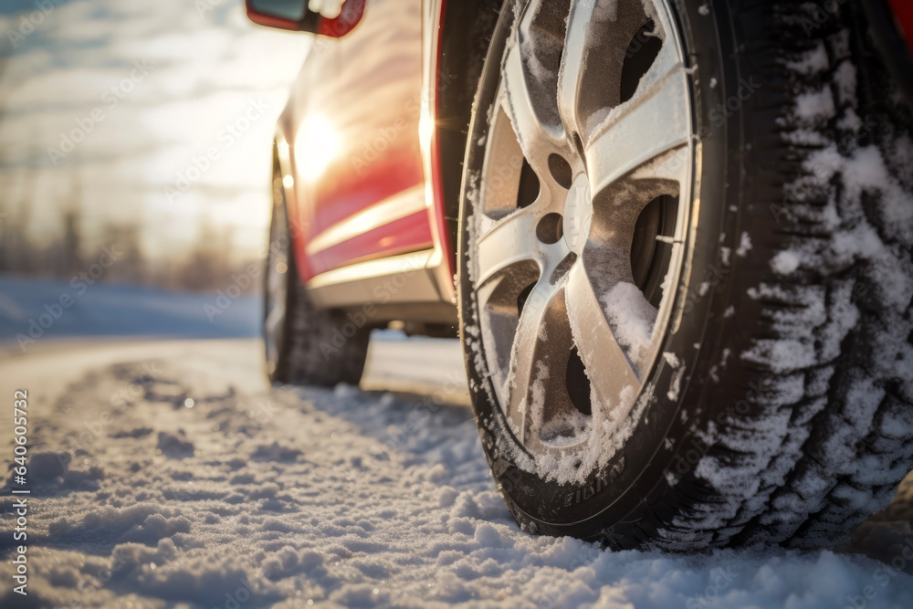 Close-up of a car wheel and tire running on a snowy road in winter. Driving concept suitable for safety and traffic.