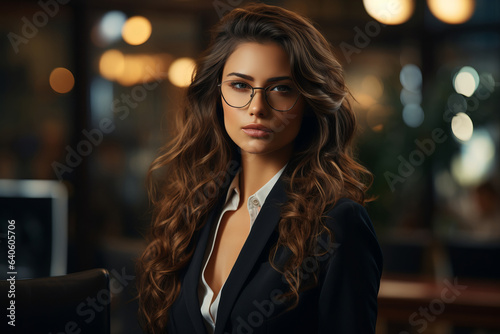 A handsome businesswoman in a suit and glasses.