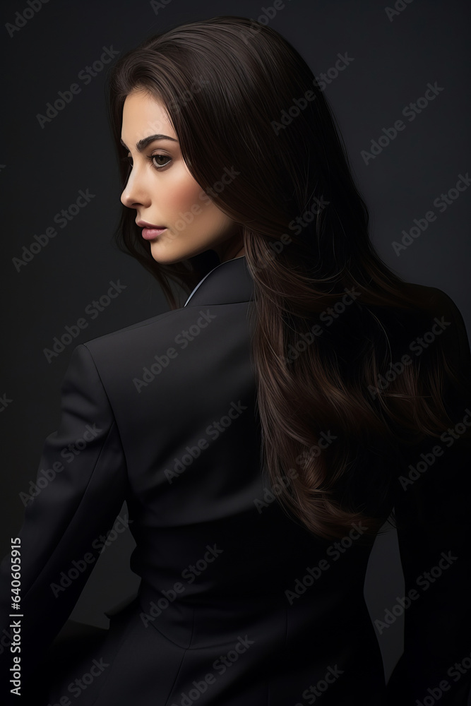 Beautiful brunette sitting in a black suit. looking down.