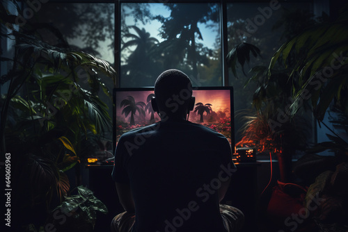Concept of gaming addiction, featuring back view of a boy sitting in a dark room, lit by the glow of a screen. Capturing immersive nature of excessive gaming and its potential risks.