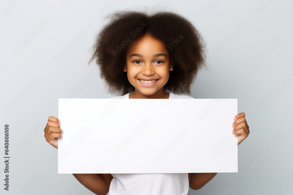 Happy black scholl girl holding blank white banner sign, isolated studio portrait. Happy black scholl girl holding blank white banner sign, isolated studio portrait.