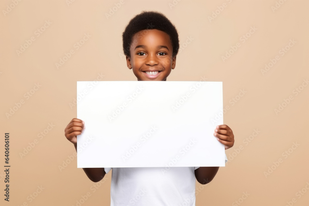Happy black scholl boy holding blank white banner sign, isolated studio portrait. Happy black scholl boy holding blank white banner sign, isolated studio portrait.