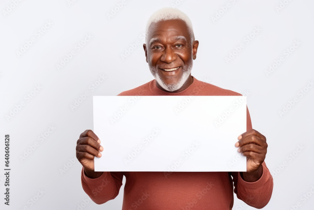 Happy old black man holding blank white banner sign, isolated studio portrait. Happy old black man holding blank white banner sign, isolated studio portrait.