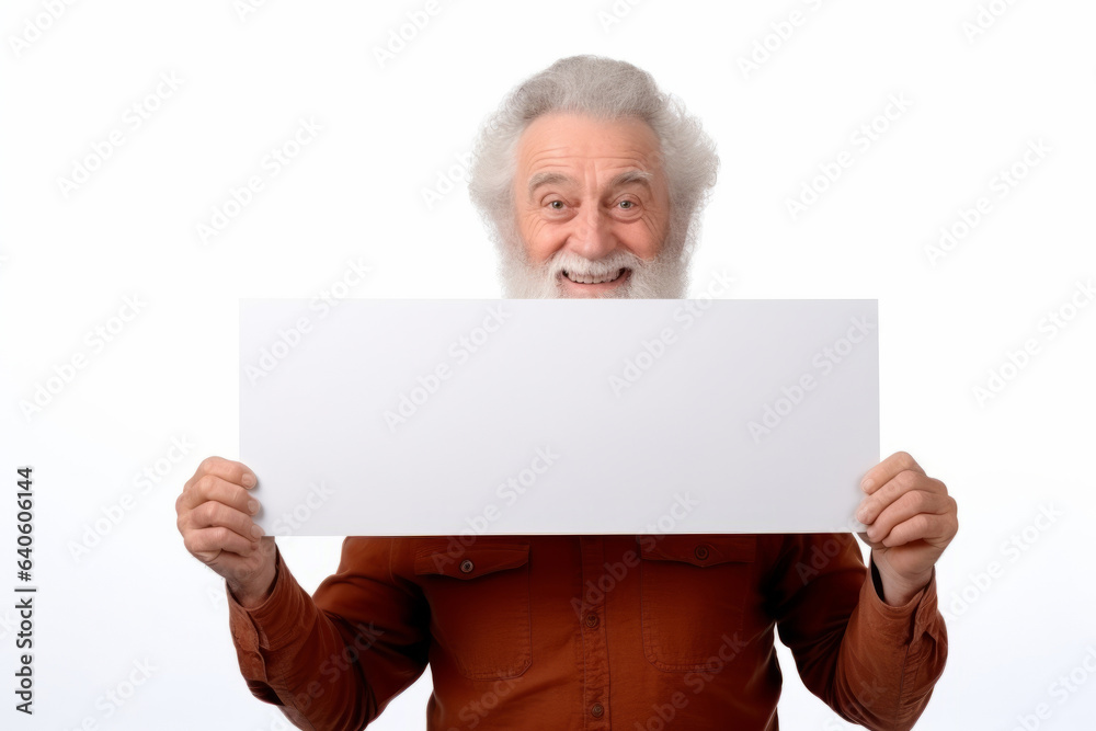 Happy old man holding blank white banner sign, isolated studio portrait. Happy old man holding blank white banner sign, isolated studio portrait.