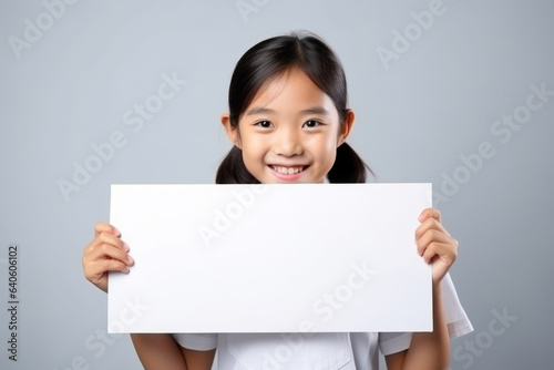 Happy asian scholl girl holding blank white banner sign, isolated studio portrait.