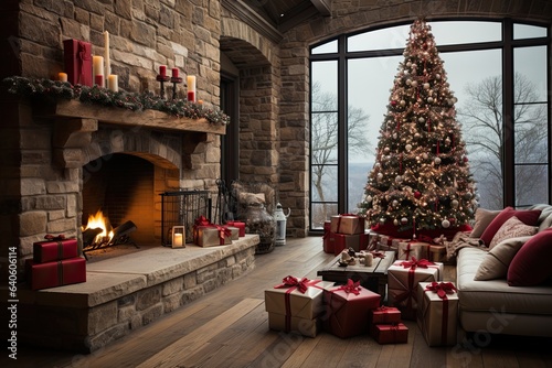 Luxury living room interior with christmas tree and fireplace. 3D rendering.