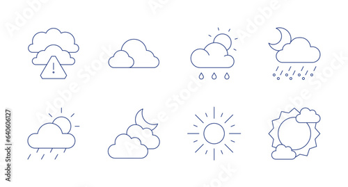 Weather icons. Editable stroke. Containing bad weather, cloudy, snowy, sunny, rainy, sun, clouds, cloudy night.