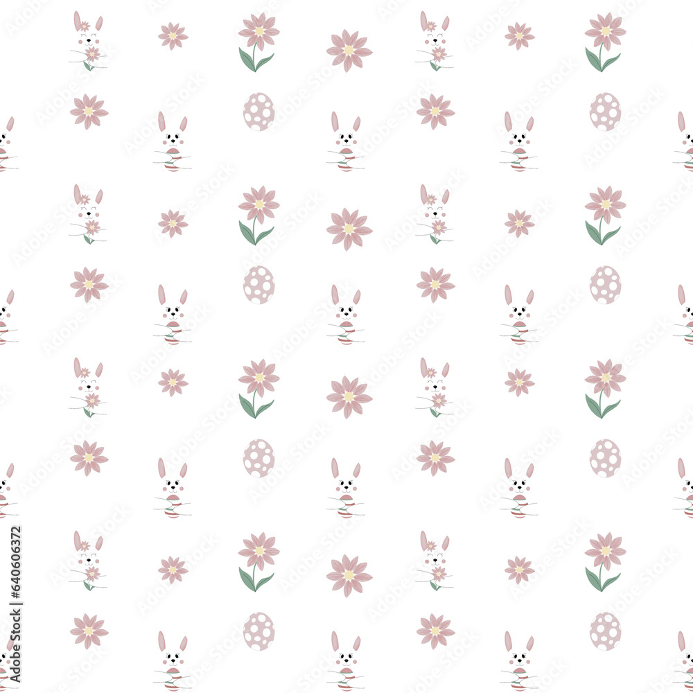 Illustration of an Easter pattern with a rabbit, Easter eggs and flowers on a transparent background Illustration of an Easter pattern with a rabbit, Easter eggs and flowers on a transparent background