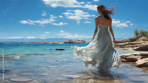 Greek goddess standing majestically against the backdrop of a blue sea and a blue sky.