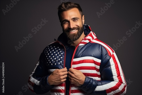 Man stretching jacket to reveal shirt with USA flag print.