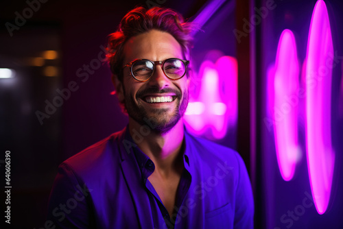 man with glasses and purple dress on purple background smiling, in the style of neon and fluorescent light, photorealistic pastiche.