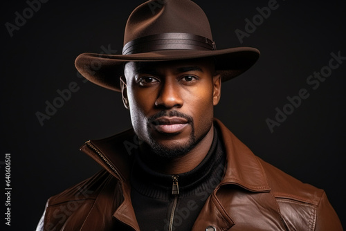 Portrait of a dark-skinned handsome man looking to the side. Dressed in a brown jacket and black hat. Portrait on black background. © wolfhound911