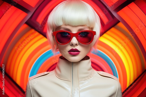 Portrait of fashion caucasian model, in style of futurism fashion, saturated color .