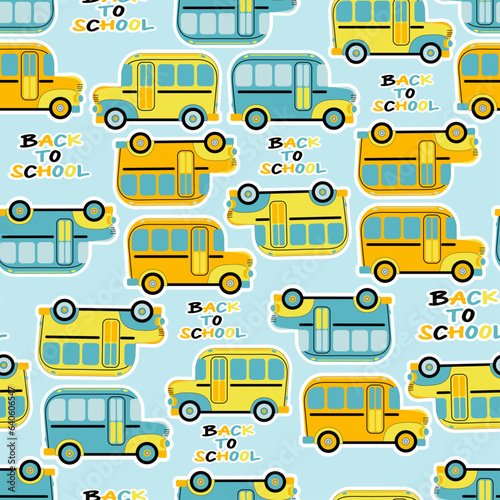 Back to school. Seamless pattern with school bus on a blue background. Endless tileable vector illustration.