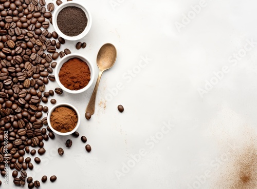 The backdrop showcases a variety of coffee elements, including an assortment of coffee beans, ground coffee, instant coffee, coffee pads, and capsules.