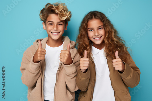 Portrait of teenagers showing thumb-up on color background.