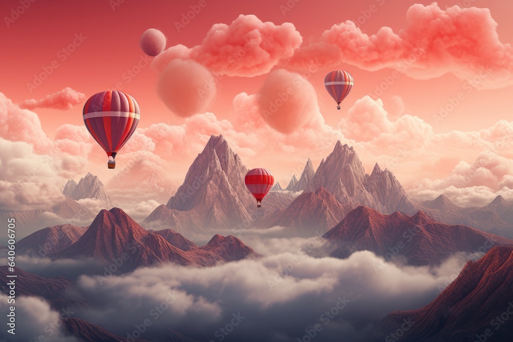 Obraz premium A hot air balloon is flying over foggy and cloudy mountains high in air. Generative Ai.