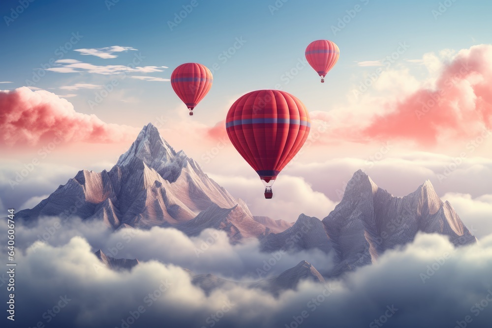 Fototapeta premium A hot air balloon is flying over foggy and cloudy mountains high in air. Generative Ai.