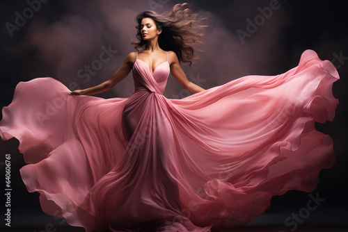 Woman in pink waving dress with flying fabric.