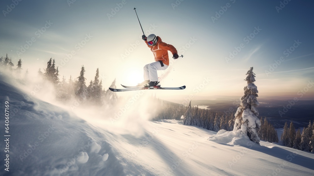 Skier in jump, background of snow-covered mountain descends in rays of the sun. AI generated. Skier in jump, background of snow-covered mountain descends in rays of the sun. AI generated.