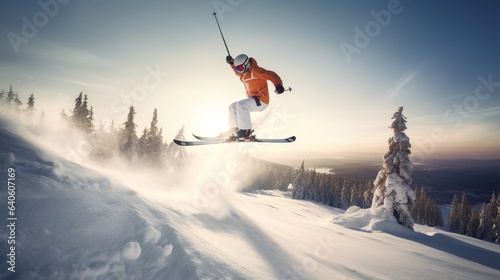 Skier in jump, background of snow-covered mountain descends in rays of the sun. AI generated.