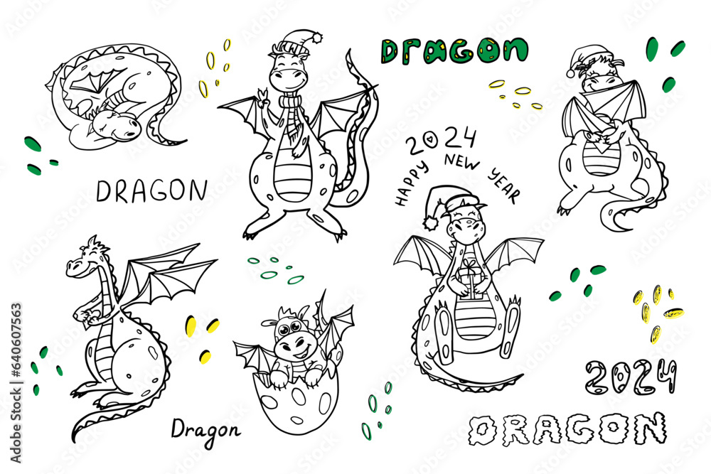 Cute set of cartoon dragons in doodle style. Symbol of the New Year 2024. Chinese zodiac animal symbol. Great for design, greeting card, playroom, decoration. Hand drawn. Vector illustration EPS10 Cute set of cartoon dragons in doodle style. Symbol of the New Year 2024. Chinese zodiac animal symbol. Great for design, greeting card, playroom, decoration. Hand drawn. Vector illustration EPS10