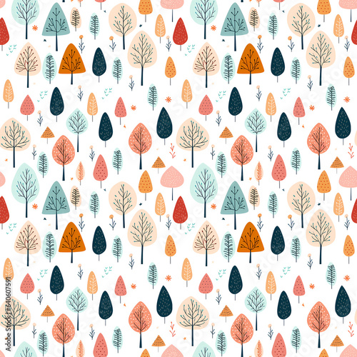 Forest nature seamless pattern in Scandinavian style on white background. Baby pattern forest. Perfect for textile, birthday card, pattern, nursery room, children wallpaper, gift paper and many more