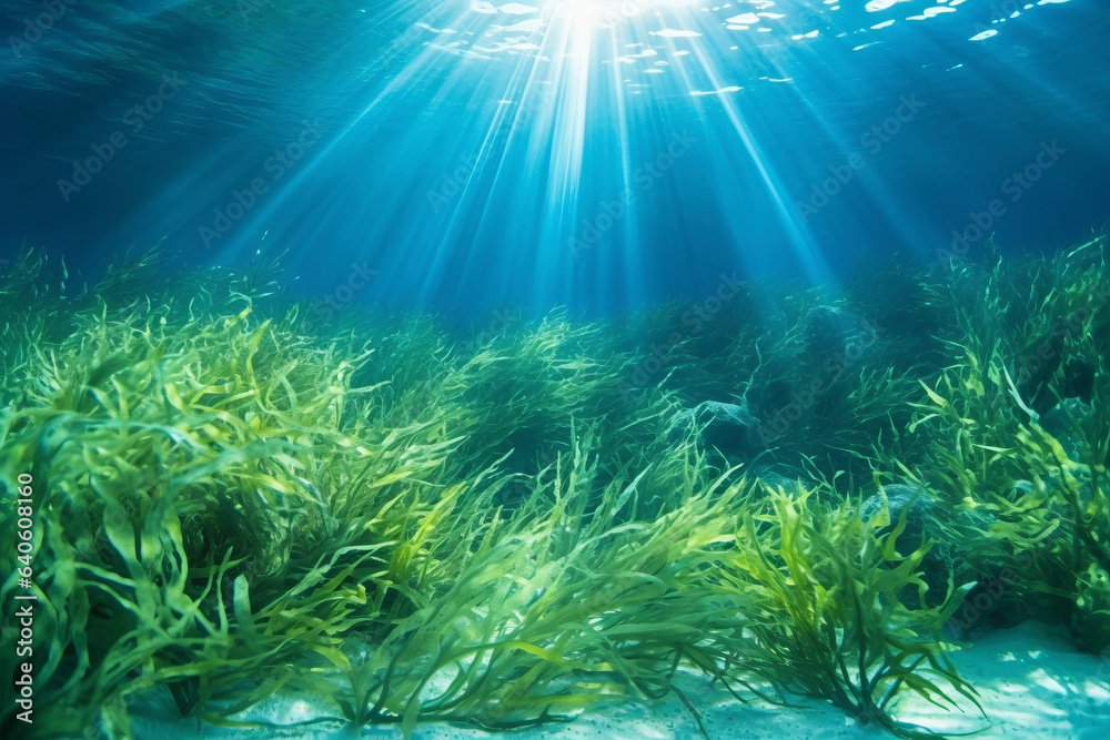 Seaweed and seaweed shining in the clear blue sea where the sunlight shines. Environmental concept suitable for nature and undersea.