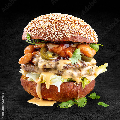 Mexican burger with veal, salsa and jalapeño peppers in a rye bun. Isolated on a dark background