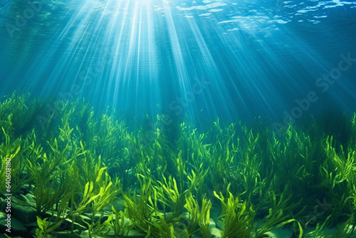 Seaweed and seaweed shining in the clear blue sea where the sunlight shines. Environmental concept suitable for nature and undersea. © cwa