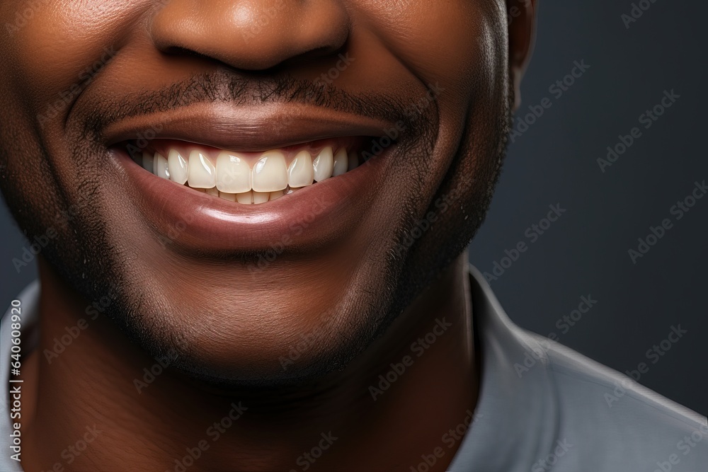Happily smiling African American man with perfectly white even teeth. Tooth whitening concept. Smiling mouth close up. Picture with copy space.